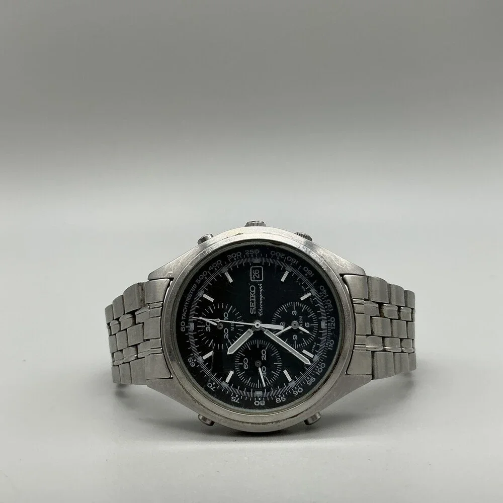 Vintage Seiko Chronograph 7T32-7C60 Mens Watch 39mm Black Dial New Battery 7.25